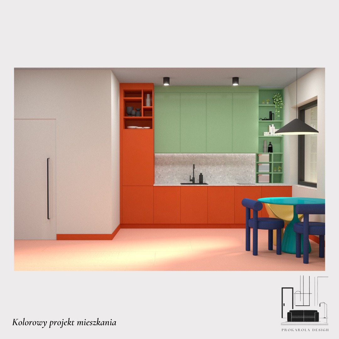 Wizualizacja kuchni z pomarańczowymi szafkami, pistacjowymi górnymi szafkami, blatem w kolorze lastryko i niebieskim stołem z krzesłami, oświetlona lampami sufitowymi.
