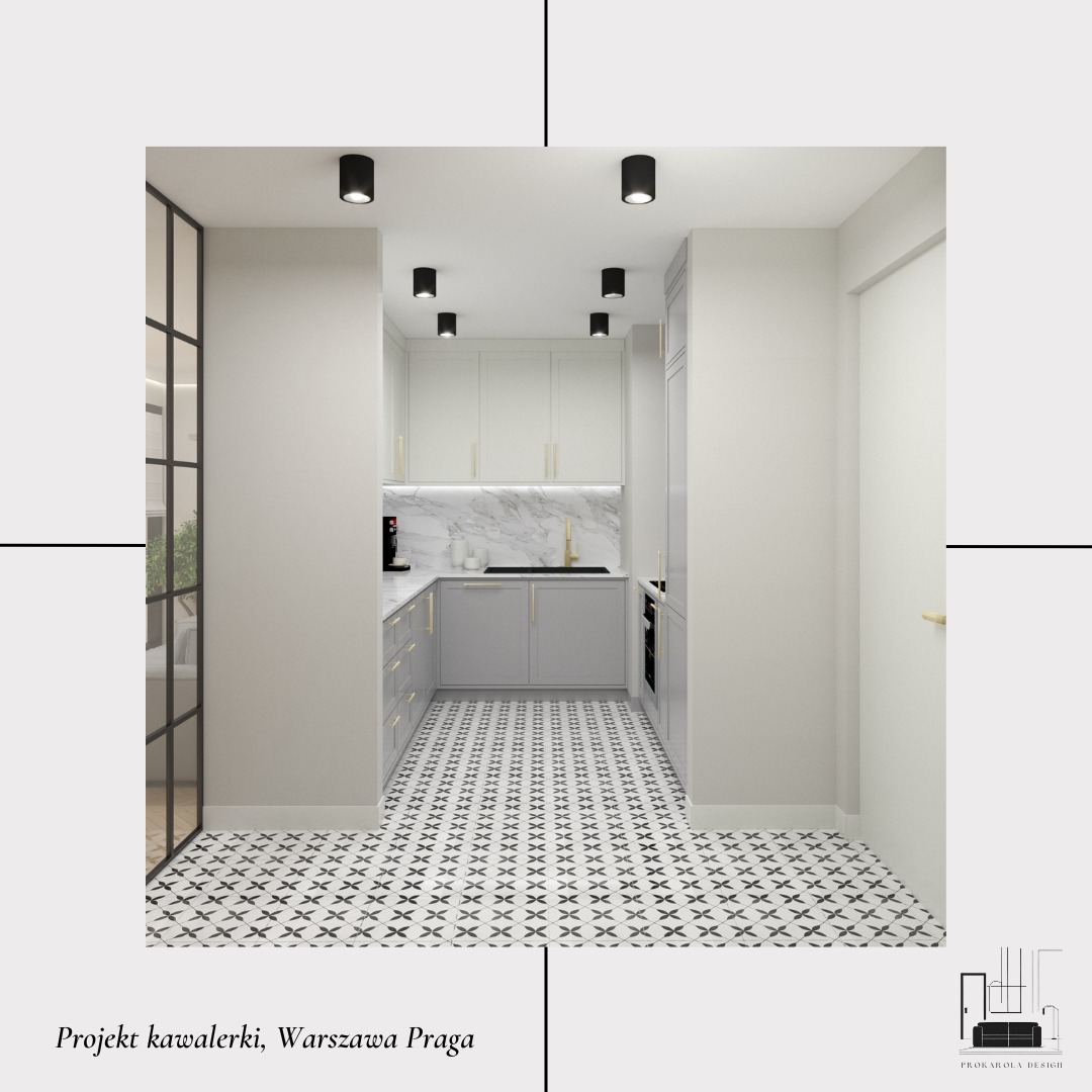 Wąska kuchnia w odcieniach szarości i bieli z marmurowym backsplashiem, złotą armaturą i wzorzystą podłogą, widok z korytarza.