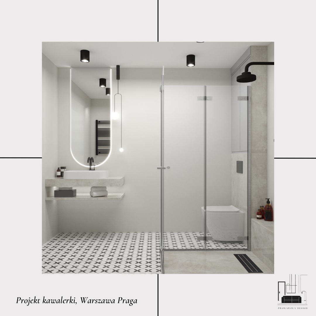 Wizualizacja minimalistycznej łazienki z kabiną prysznicową typu walk-in, umywalką nablatową z oświetlonym lustrem, czarno-białą mozaiką na podłodze i punktowym oświetleniem sufitowym.