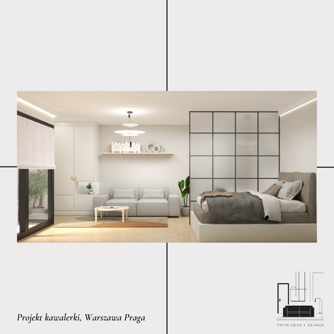 Wnętrze kawalerki w neutralnych barwach z podziałem na strefę dzienną z sofą i strefę sypialną oddzieloną przeszkloną ścianką działową.