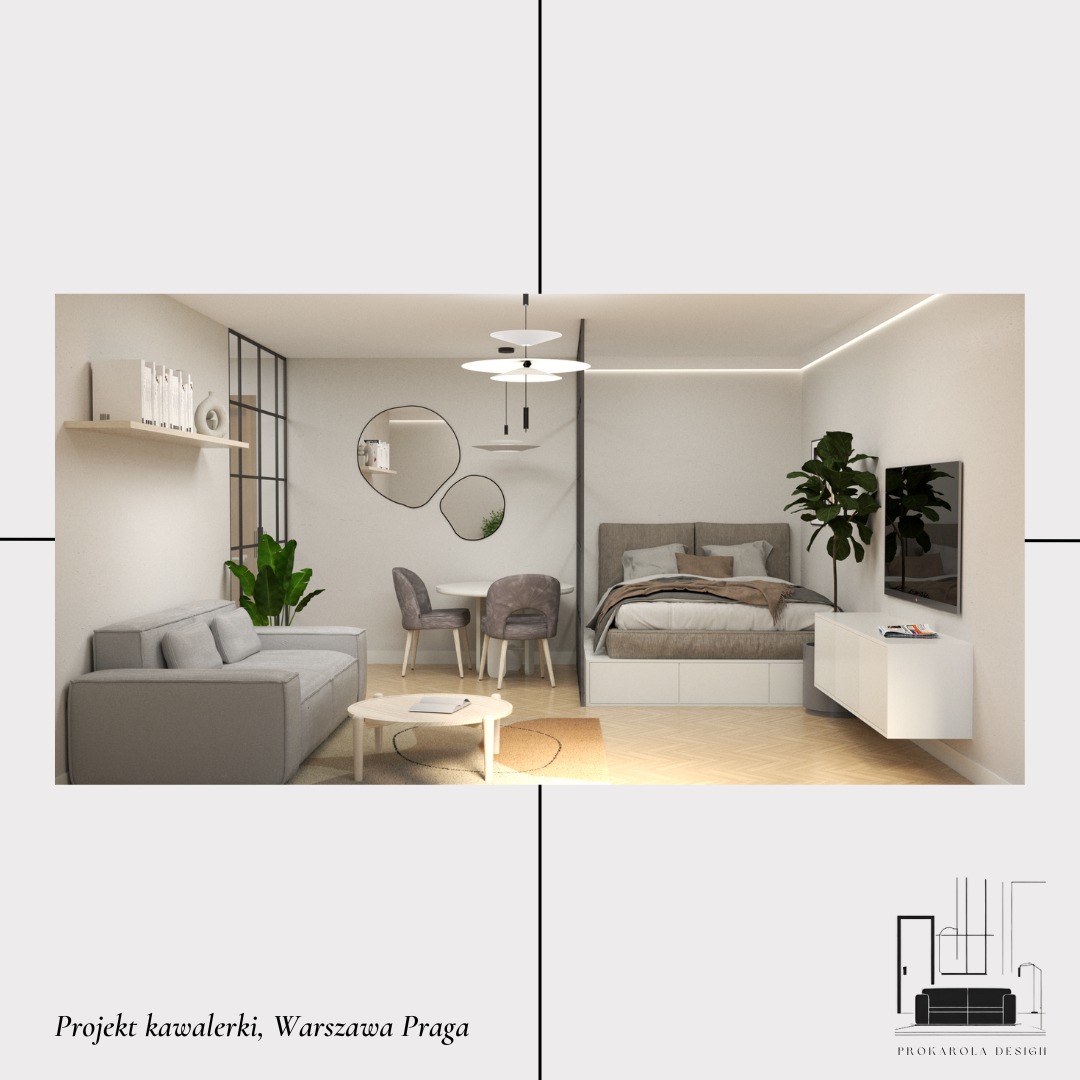 Wizualizacja wnętrza kawalerki: szara sofa, okrągły stolik kawowy, stół z krzesłami, łóżko z zagłówkiem, telewizor na ścianie, minimalistyczne oświetlenie.