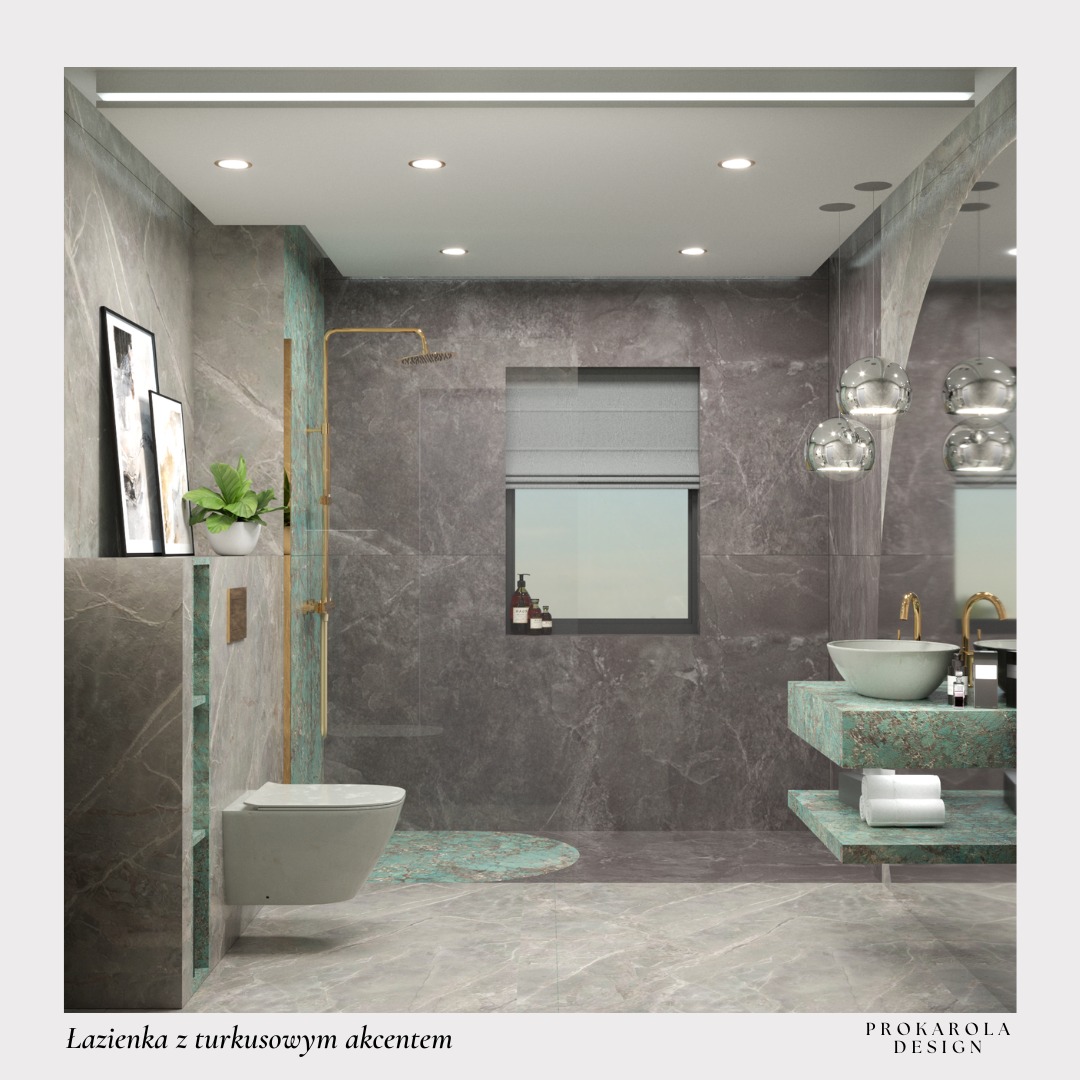 Wizualizacja łazienki z szarymi marmurowymi płytkami i turkusowymi akcentami, w tym okrągły dywanik pod prysznicem, turkusowa umywalka na blacie oraz złota armatura.