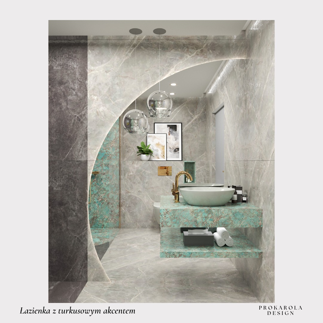 Nowoczesna łazienka z turkusowymi akcentami: umywalka nablatowa, marmurowe płytki, okrągłe lampy wiszące i dekoracje ścienne.