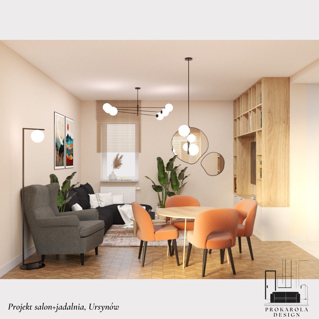 Wizualizacja salonu z jadalnią: szary fotel uszak, czarna sofa z białymi poduszkami, okrągły stół z pomarańczowymi krzesłami, drewniany regał z wnęką na telewizor, lampy wiszące z kulistymi kloszami.