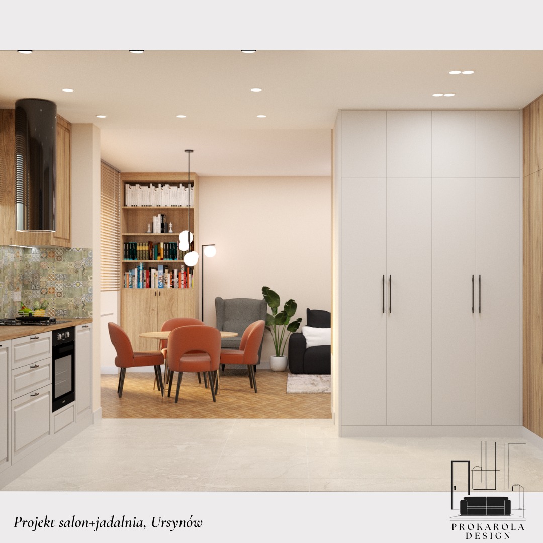 Wizualizacja salonu z aneksem kuchennym i jadalnią: białe szafki kuchenne, okrągły stół z pomarańczowymi krzesłami, regał z książkami, szara sofa i biała szafa w zabudowie.