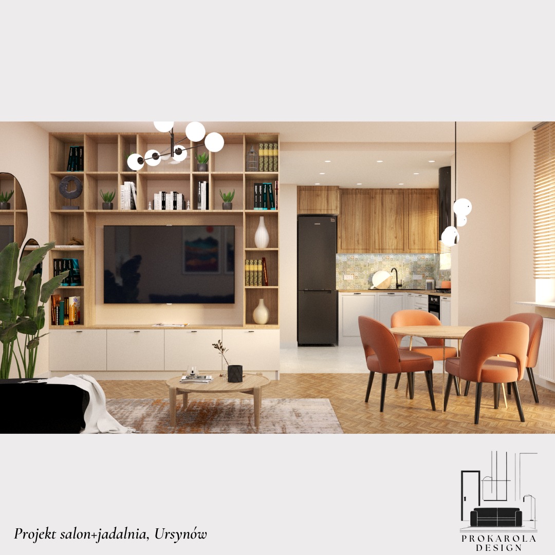 Wizualizacja wnętrza salonu z jadalnią i aneksem kuchennym: regał z telewizorem, okrągły stół z pomarańczowymi krzesłami, drewniane szafki kuchenne, czarna lodówka, jasna podłoga, nowoczesne lampy.