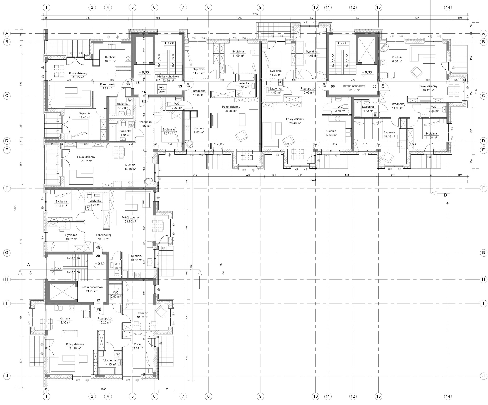 Rzut poziomy kondygnacji budynku mieszkalnego wielorodzinnego z zaznaczonymi powierzchniami pomieszczeń i wymiarami ścian, w tym salonów, sypialni, kuchni i łazienek.
