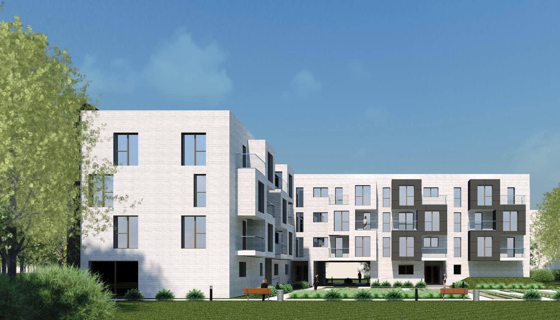 Wizualizacja nowoczesnego, wielorodzinnego budynku z białej cegły z balkonami i dużymi oknami, otoczonego zielenią i błękitnym niebem.