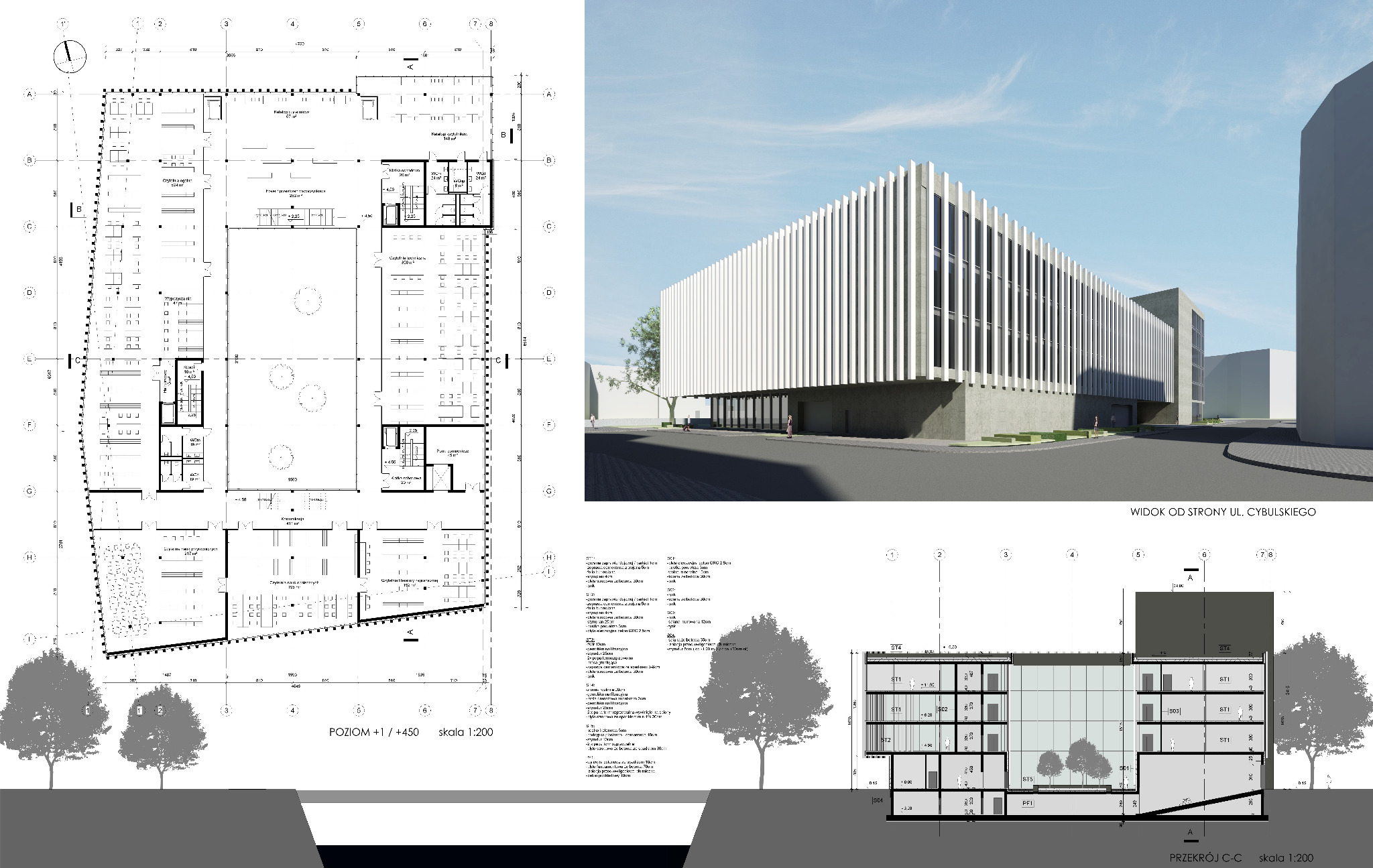 Projekt architektoniczny budynku biurowego z widokiem elewacji, planem kondygnacji i przekrojem poprzecznym, prezentowany na jednym arkuszu.