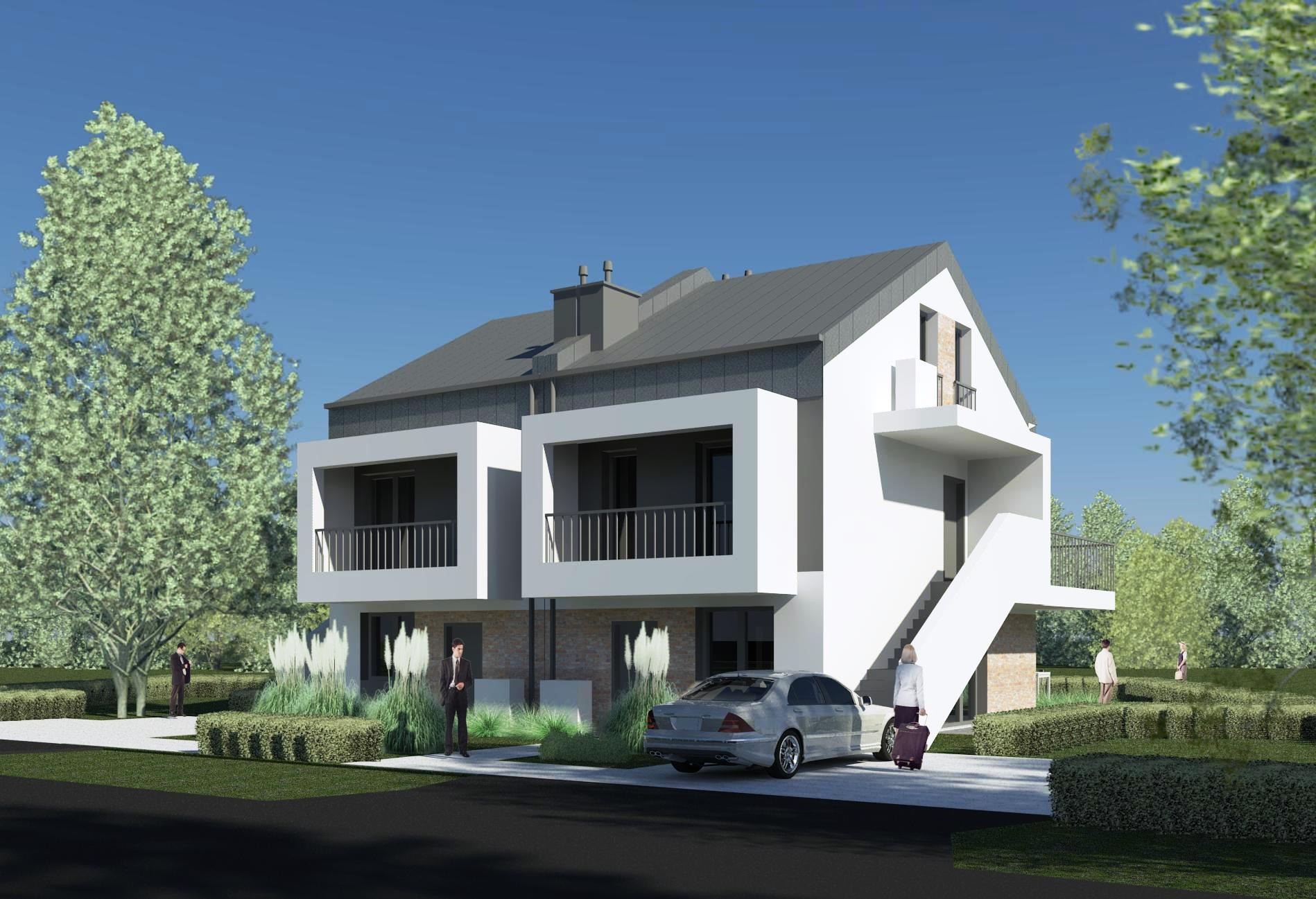 Wizualizacja dwupiętrowego domu bliźniaczego z balkonami, szarą dachówką i białymi ścianami, z samochodem i postaciami w otoczeniu zieleni.