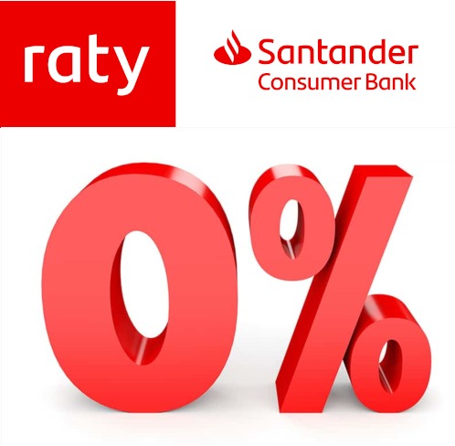 Czerwone logo 'raty' i Santander Consumer Bank nad czerwonym symbolem 0% na białym tle, sugerujące finansowanie ratalne usług.