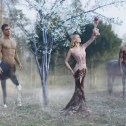 Kobieta w ozdobnej sukni sięga po jabłko z drzewa, otoczona dwoma centaurami na tle zalesionego krajobrazu w lekkiej mgle. Scena przypomina baśniową kampanię reklamową.