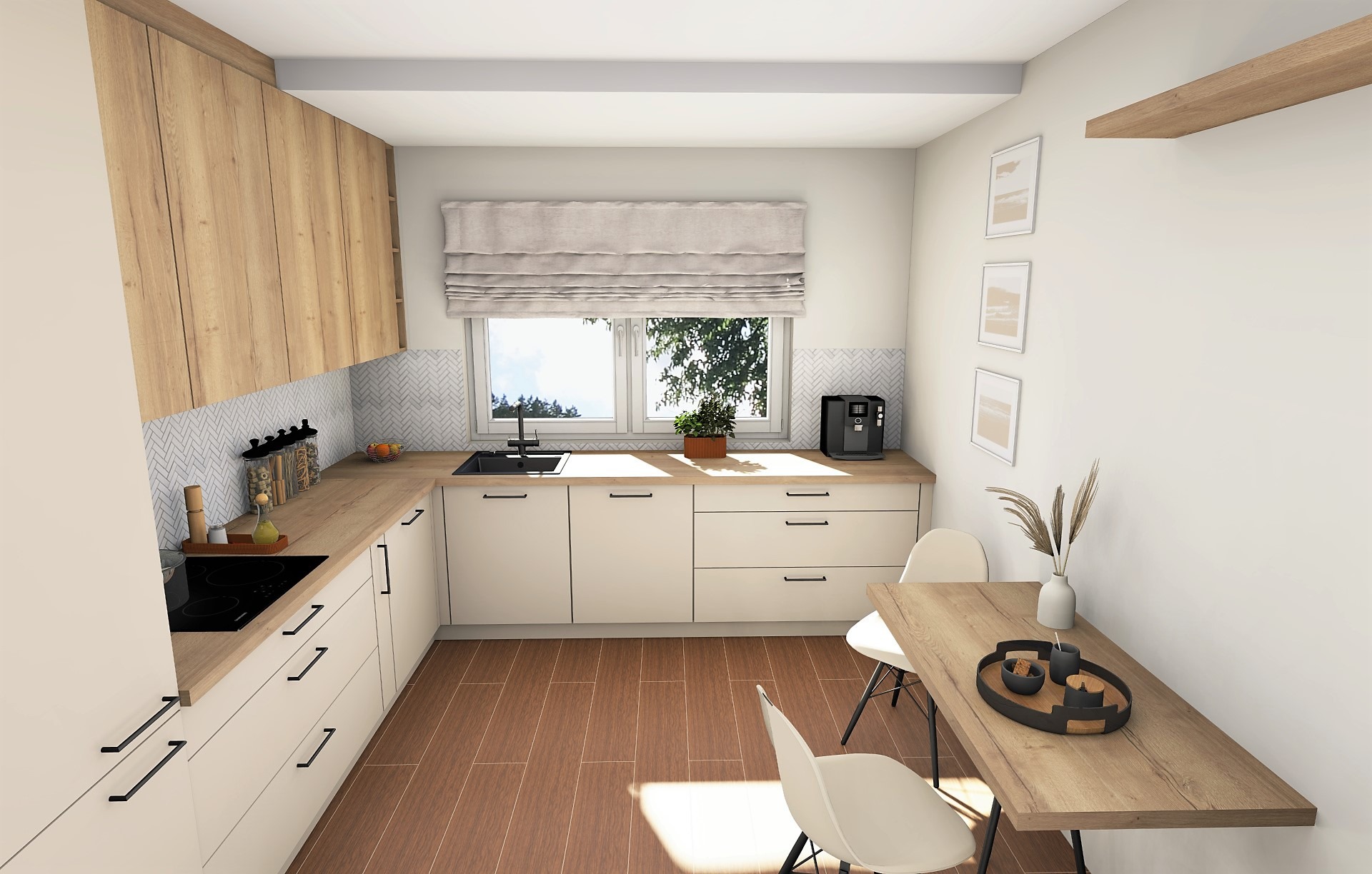 Jasna kuchnia z drewnianymi akcentami: górne szafki z widocznym usłojeniem, białe dolne szafki z czarnymi uchwytami, czarny zlew i płyta indukcyjna, drewniany blat, okno z roletą rzymską, stół...