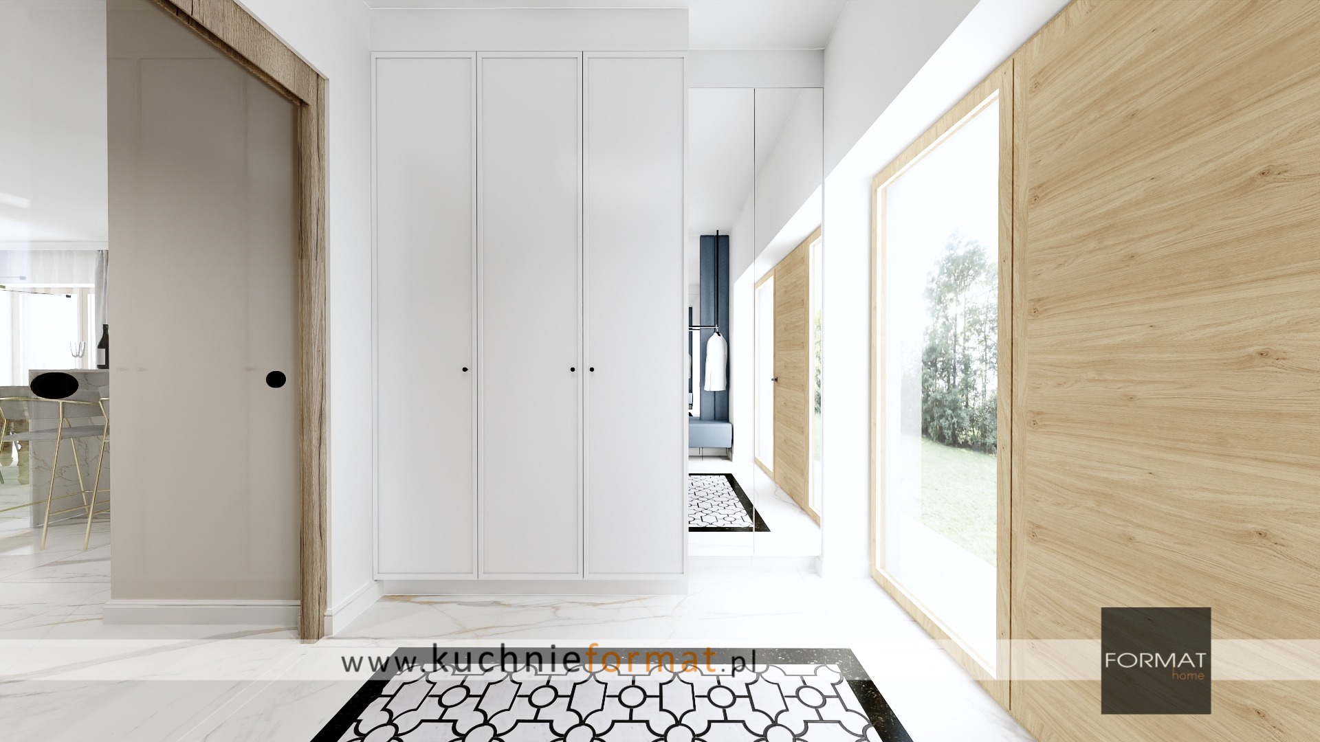 Nowoczesny przedpokój z białymi szafami, lustrem w zabudowie i drewnianymi panelami ściennymi, uzupełniony marmurową podłogą z geometrycznym wzorem dywanu.
