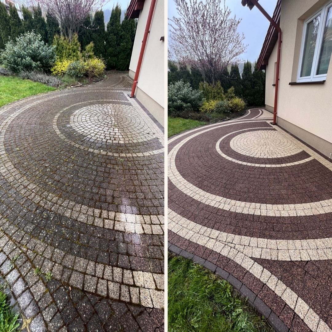 Porównanie kostki brukowej przed i po czyszczeniu: po lewej stronie zabrudzona, pokryta mchem, po prawej stronie czysta, z wyraźnym wzorem w kształcie spirali.