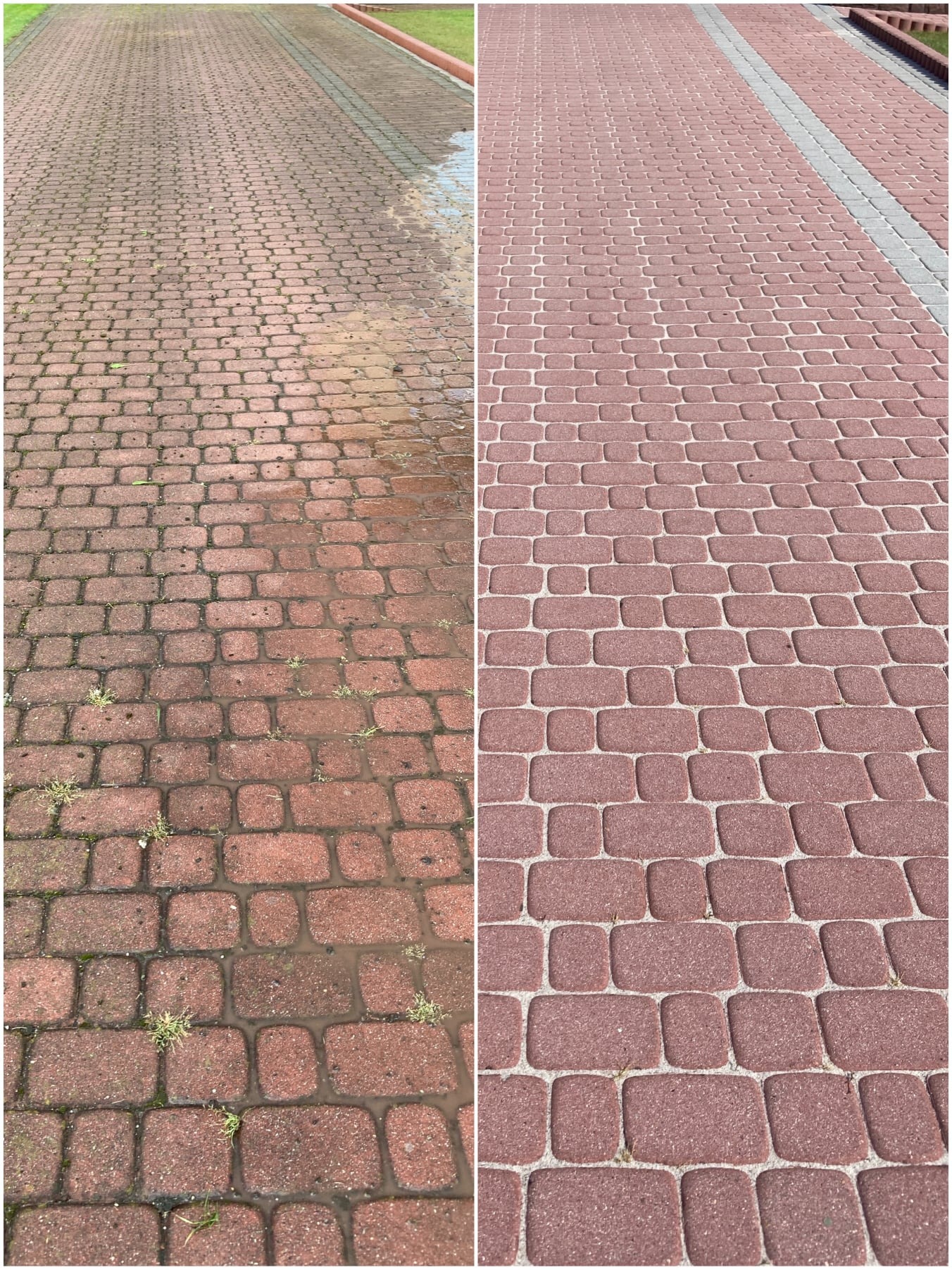 Porównanie kostki brukowej przed i po czyszczeniu: po lewej stronie brudna, mokra i porośnięta chwastami, po prawej stronie czysta i sucha, ukazująca różnicę w kolorze i wyglądzie.