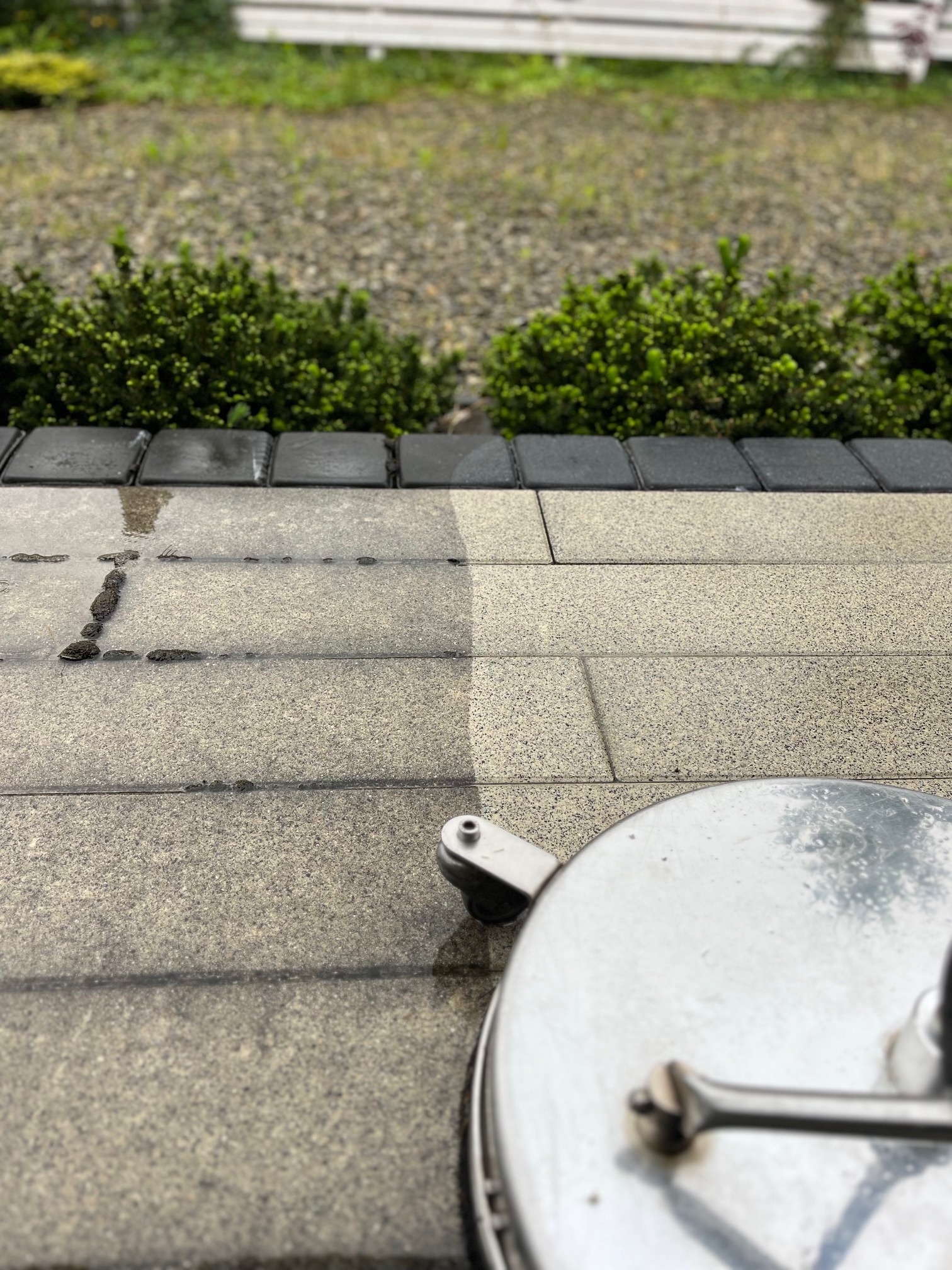 Czyszczenie kostki brukowej za pomocą profesjonalnej maszyny ciśnieniowej. Widoczna różnica między umytą a zabrudzoną powierzchnią. Tło stanowi zadbany ogród z krzewami.