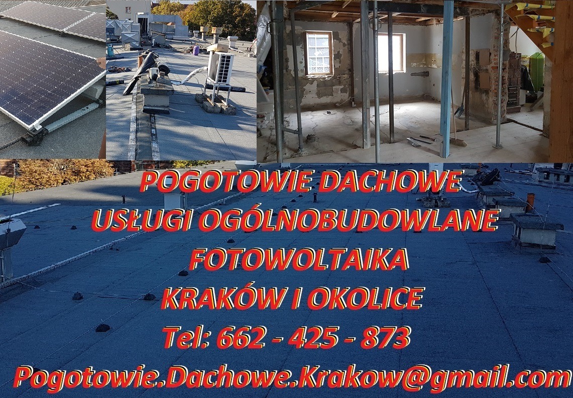Montaż paneli fotowoltaicznych na dachu, remontowane wnętrze z podparciem konstrukcyjnym, tekst reklamowy z nazwą firmy, numerem telefonu i adresem e-mail.