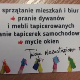 Wizytówka firmy sprzątającej z Pogódek: sprzątanie mieszkań, biur, pranie dywanów, tapicerek, mycie okien. Ilustracja rąk w rękawicach trzymających środki czystości.