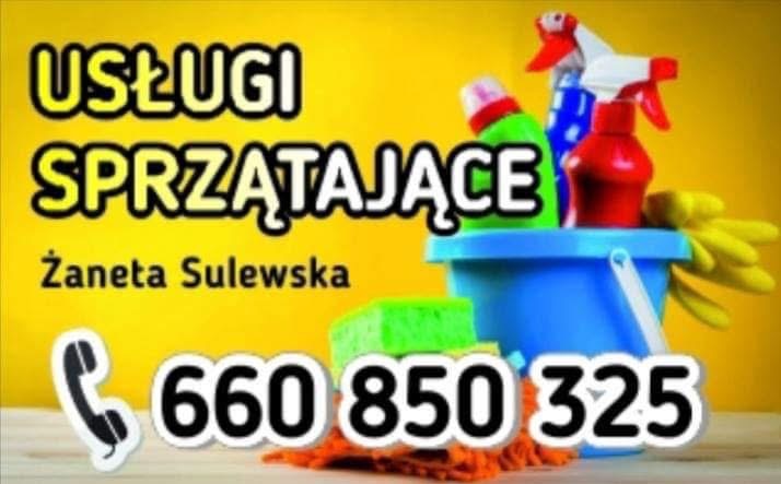 Żółte tło z napisem 'Usługi Sprzątające' nad numerem telefonu i niebieskim wiadrem z chemią, gąbką i rękawicami.
