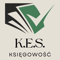 Logo firmy K.E.S. Księgowość z motywem otwartych ksiąg i zielonym znakiem akceptacji.