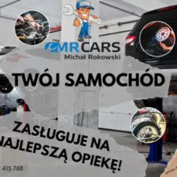 Kompozycja graficzna z logo MR Cars, ilustrująca serwis samochodowy: wymiana oleju, naprawa silnika i opon na podnośniku, z hasłem 'Twój samochód zasługuje na najlepszą opiekę'.