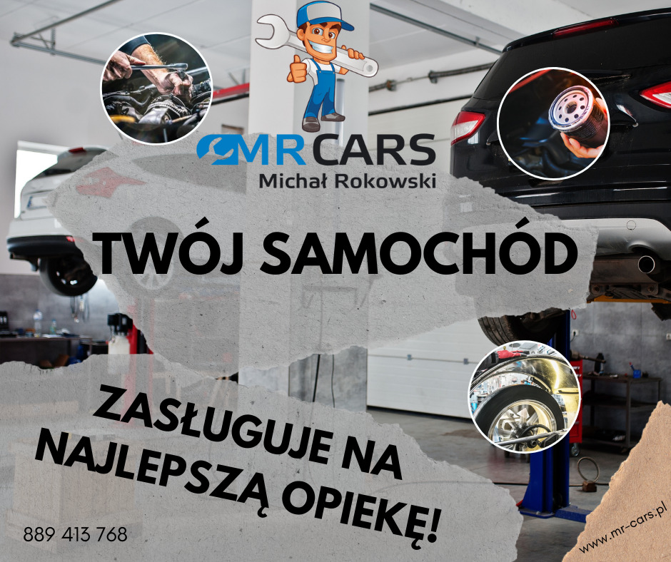 Kompozycja graficzna z logo MR Cars, ilustrująca serwis samochodowy: wymiana oleju, naprawa silnika i opon na podnośniku, z hasłem 'Twój samochód zasługuje na najlepszą opiekę'.