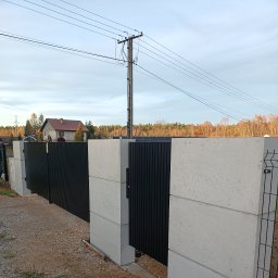 Betonowy ogród - donice, ogrodzenia, kule - z betonu architektonicznego - Tarnów i okolice - Nowoczesne ogrodzenie z betonowych słupków i czarnych, pionowych paneli, widoczne na tle domu i drzew.