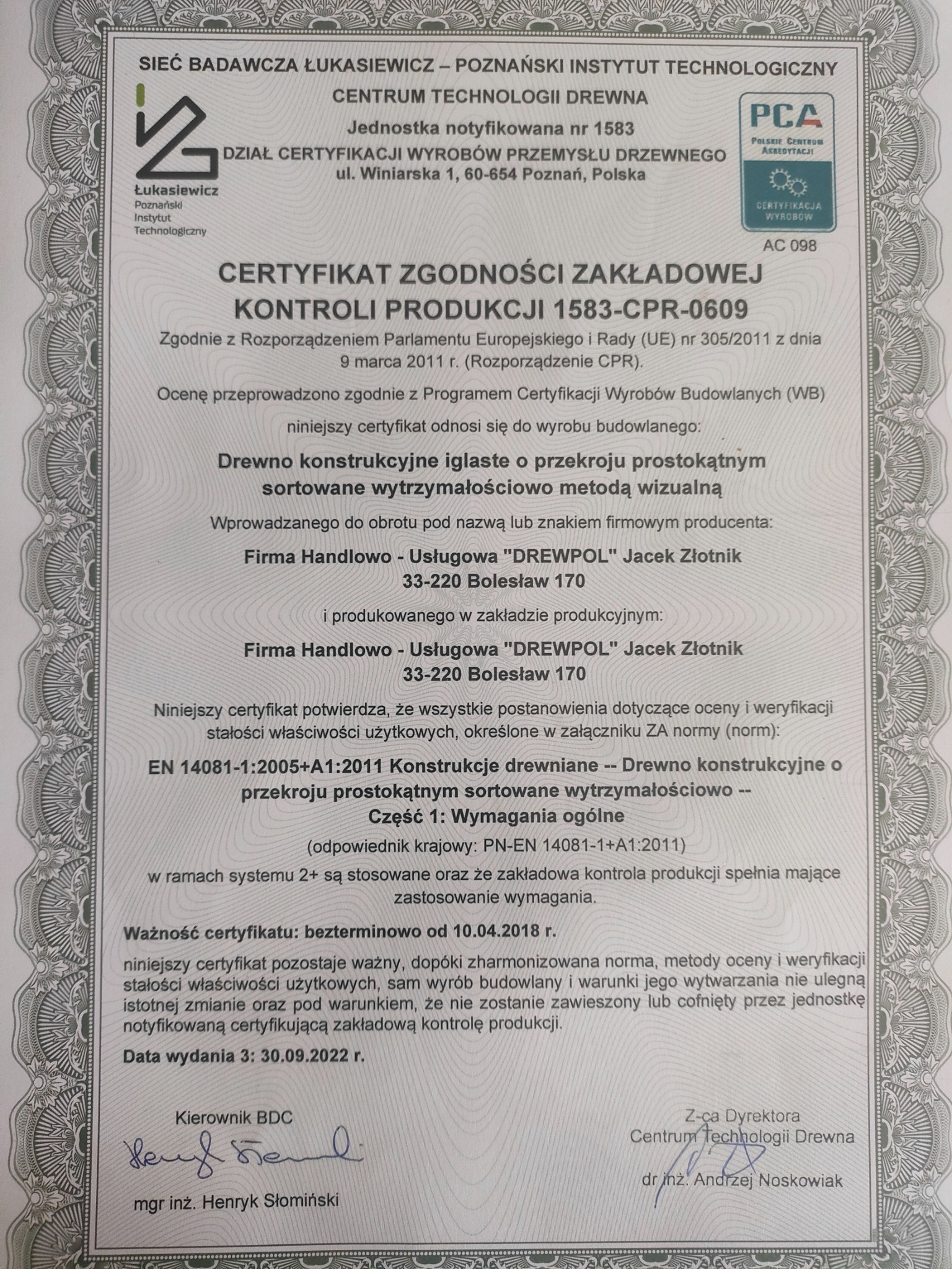 Skan certyfikatu zgodności zakładowej kontroli produkcji 1583-CPR-0609 dla drewna konstrukcyjnego iglastego sortowanego wytrzymałościowo, wydany przez Centrum Technologii Drewna dla firmy Drewpol.