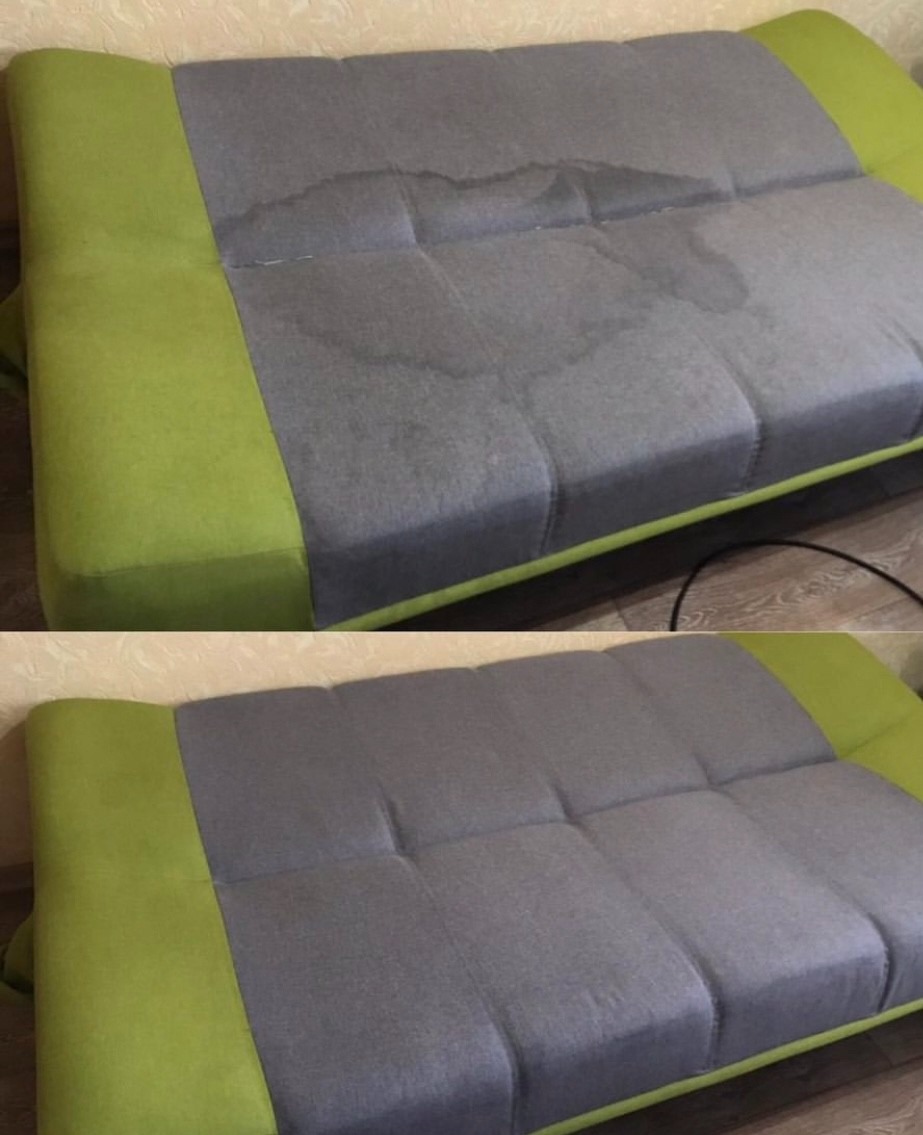 Dwuetapowe ujęcie szarej kanapy z zielonymi bokami: na górnym zdjęciu widoczne wyraźne plamy po cieczy na siedzisku, na dolnym zdjęciu kanapa po czyszczeniu, bez plam.