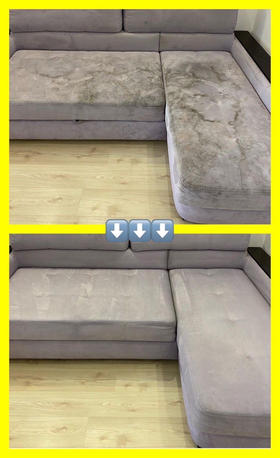 Zdjęcie porównawcze narożnika przed i po czyszczeniu, ukazujące różnicę w odcieniu i usunięciu plam z tapicerki.