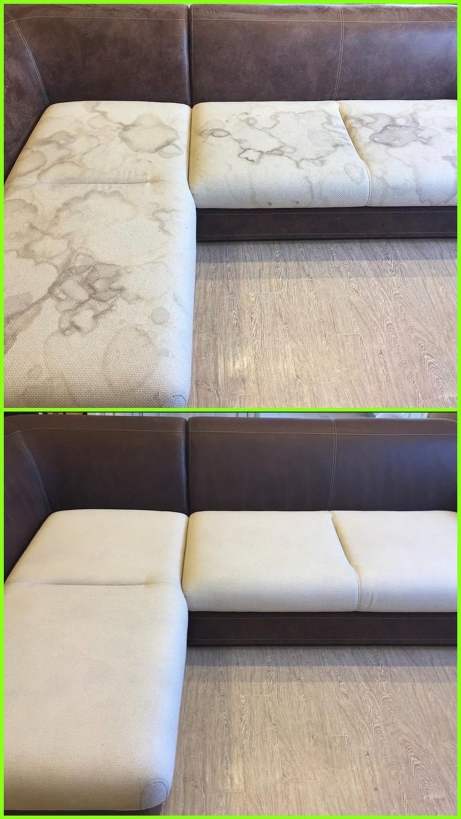 Dwuczęściowe ujęcie narożnika z brązową skórą i jasną tapicerką: góra pokazuje zabrudzoną tapicerkę z plamami, dół prezentuje ten sam narożnik po czyszczeniu z idealnie czystą tapicerką.
