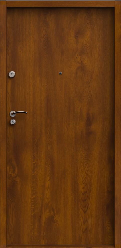 Brązowe drzwi wejściowe z wizjerem, zamkiem i klamką, imitujące drewno, na jednolitym tle.