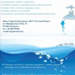 Oferta biura inżynieryjnego: projektowanie i budowa sieci wodociągowych, kanalizacyjnych, gazowych, oczyszczalni ścieków. Kontakt i logo firmy.