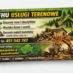 FHU Bolek - Ilustracja wizytówki FHU Usługi Terenowe: koszenie, wycinka, rozbiórki. Koparki i zburzony budynek. Obszar usług: Małopolska i Świętokrzyskie. Szybko, solidnie, dojazd.