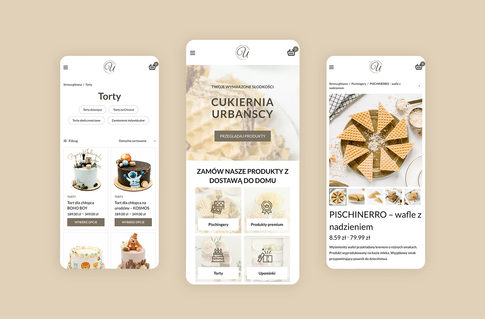 Widok responsywnego sklepu internetowego Cukierni Urbańscy na trzech smartfonach, prezentujący ofertę tortów, pischingerów i wafli, z opcjami dostawy i odbioru osobistego.