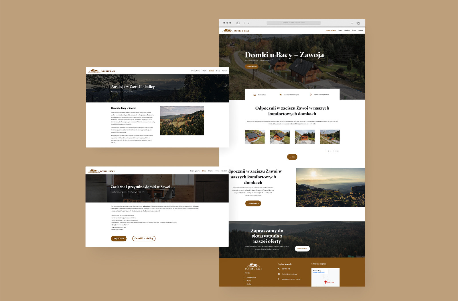 Prezentacja responsywnej strony internetowej domków w Zawoi, z widocznym formularzem rezerwacyjnym i optymalizacją SEO, wyświetlana na różnych urządzeniach.