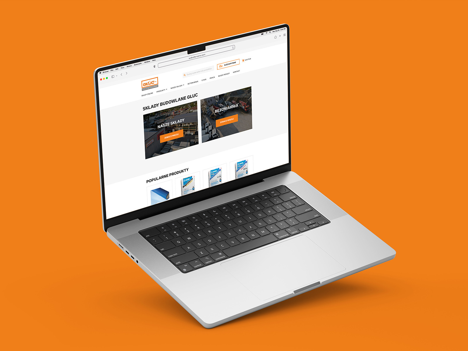 Ekran laptopa prezentuje stronę internetową sklepu budowlanego Gluc.com.pl, z widocznymi kategoriami 'Nasze Składy' i 'Betoniarnia' oraz popularnymi produktami. Interfejs strony jest responsywny...