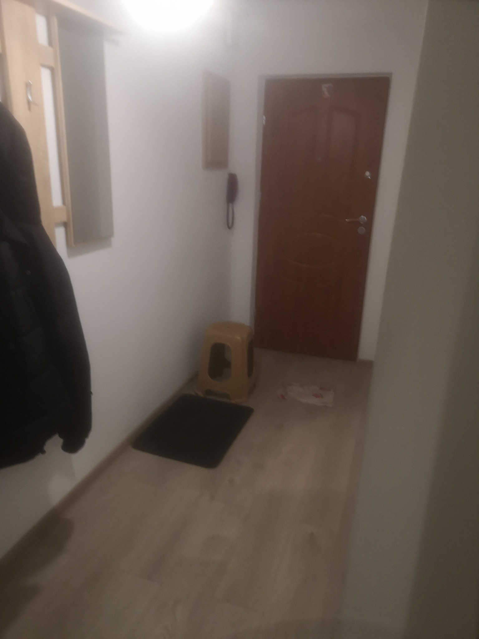 Przedpokój z brązowymi drzwiami, wieszakiem, czarną wycieraczką i beżowym stołkiem, oświetlony górnym światłem.