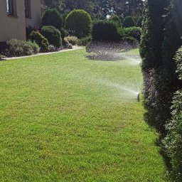 Water Garden - Zadbany trawnik z systemem nawadniania w słoneczny dzień. W tle widoczne krzewy i drzewa, a także fragment domu. Woda rozpryskiwana przez zraszacze tworzy delikatną mgiełkę.