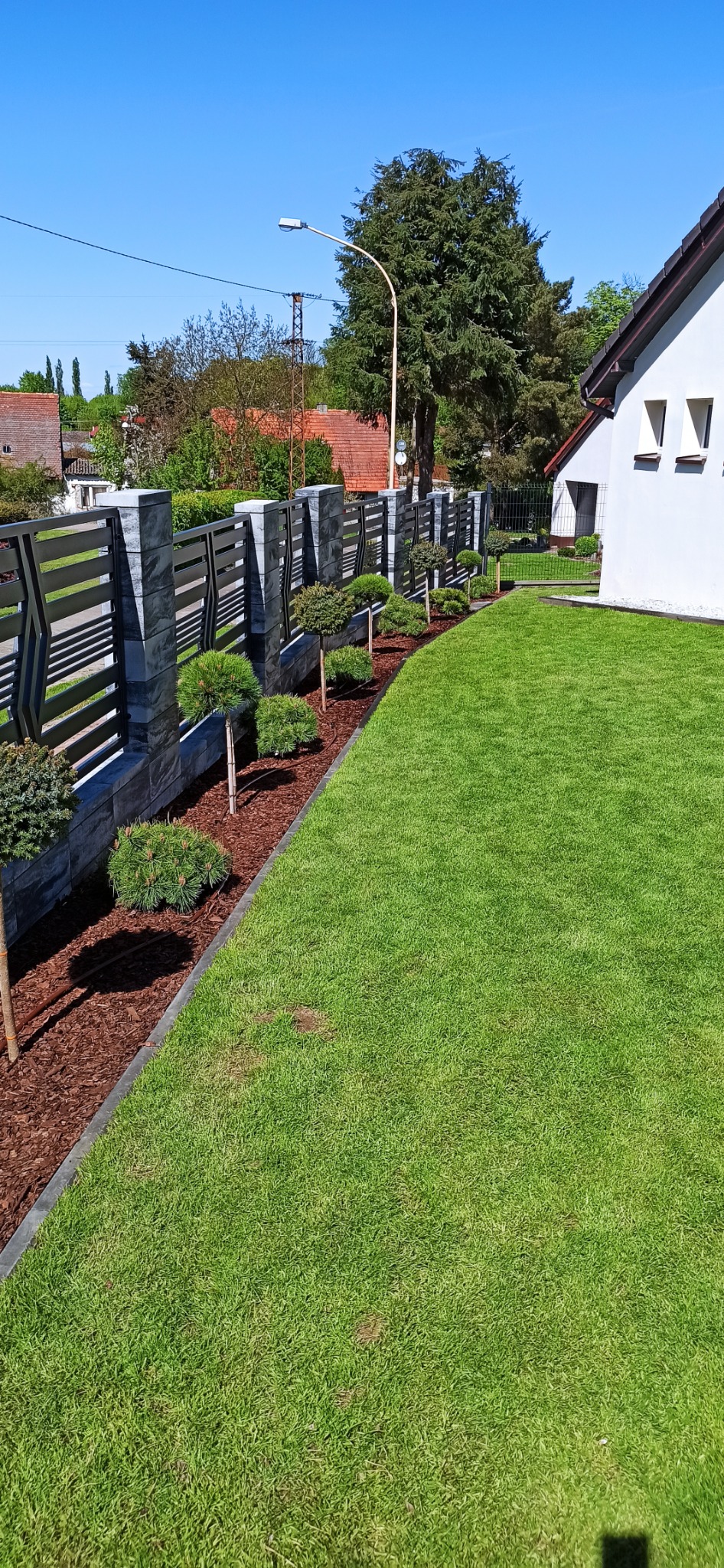 Nowoczesny ogród z równo przystrzyżonym trawnikiem, ozdobnymi drzewkami i stylowym ogrodzeniem z elementami kamiennymi. Całość w słoneczny dzień.