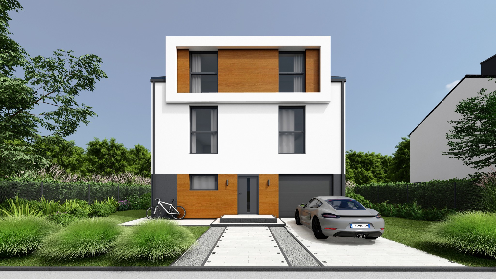 Wizualizacja nowoczesnego, dwukondygnacyjnego domu z płaskim dachem, białymi ścianami i drewnianymi akcentami, szarym garażem, podjazdem z jasnych płyt i żwiru, zaparkowanym szarym sportowym...