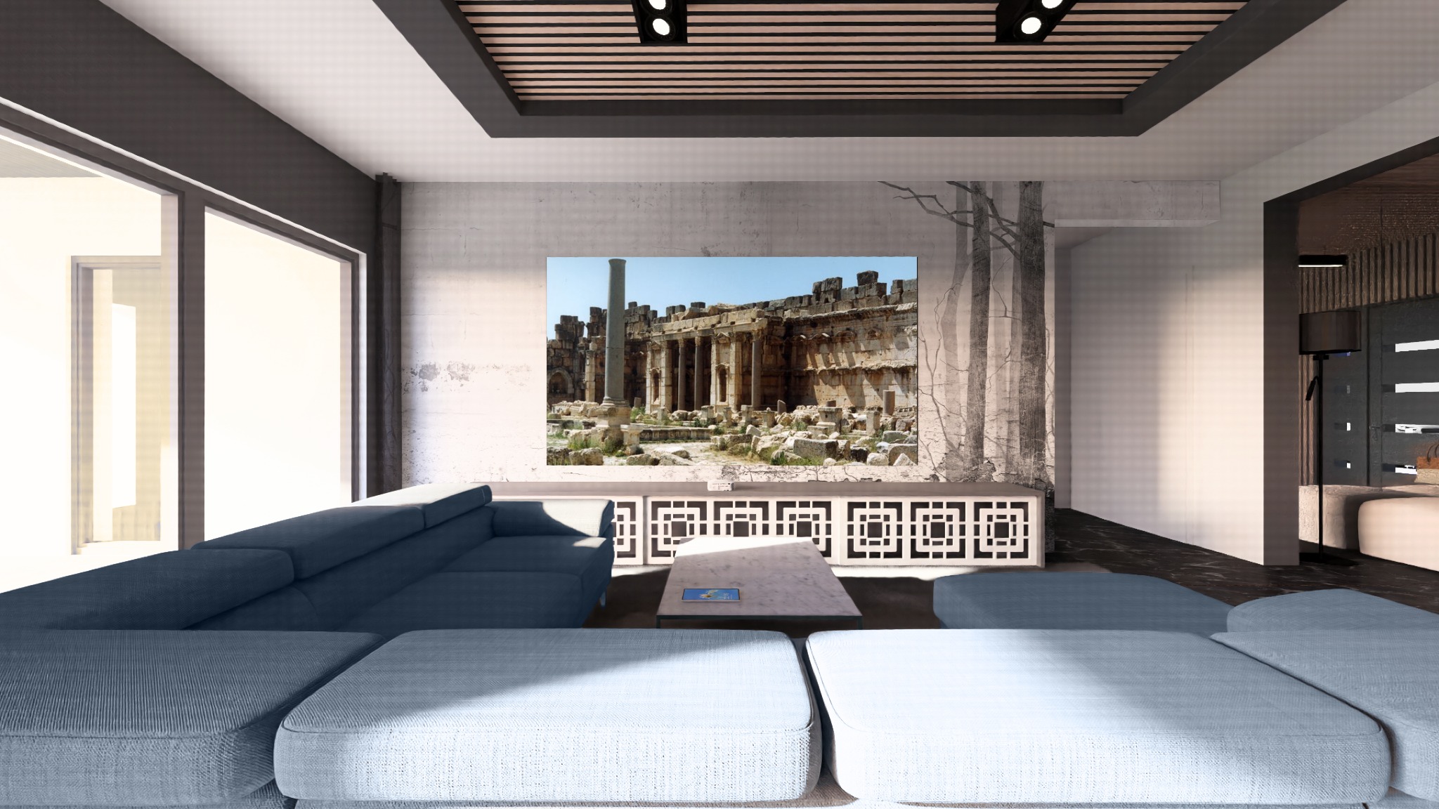 Wizualizacja salonu z modułową sofą w odcieniach błękitu, betonową ścianą z fototapetą przedstawiającą starożytne ruiny i designerską szafką RTV z geometrycznym wzorem.