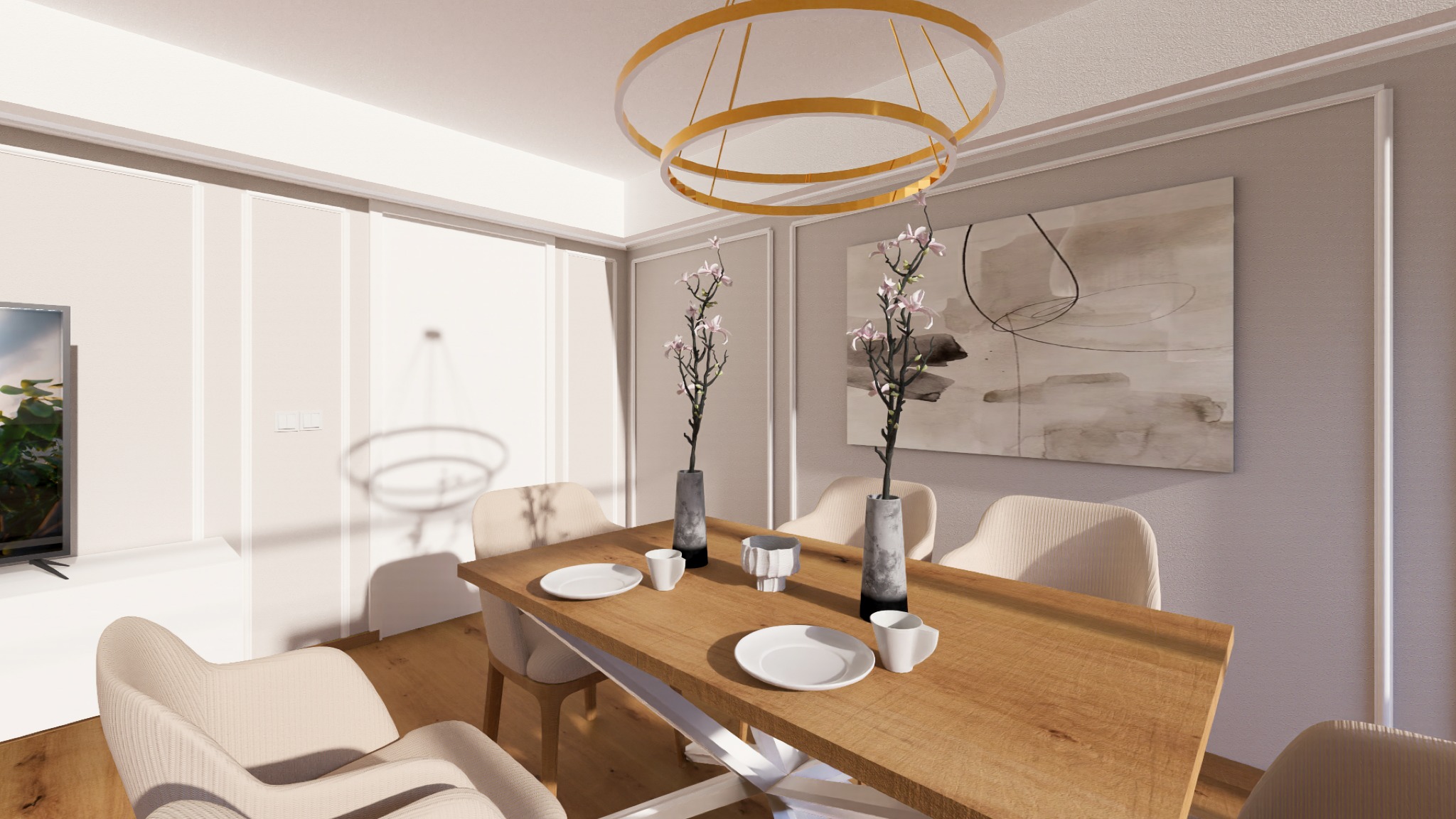 Jasna jadalnia z drewnianym stołem, beżowymi krzesłami, złotym okrągłym żyrandolem i abstrakcyjnym obrazem na ścianie.