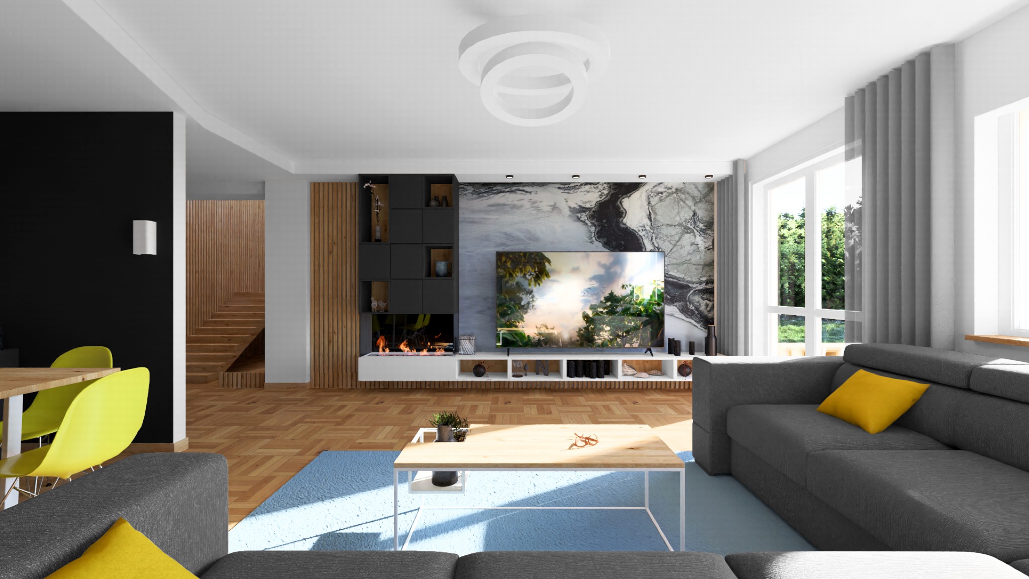 Wizualizacja salonu w domu jednorodzinnym z kominkiem i telewizorem na tle marmurowej ściany, drewniana podłoga, szara sofa z żółtą poduszką i drewniane schody w tle.