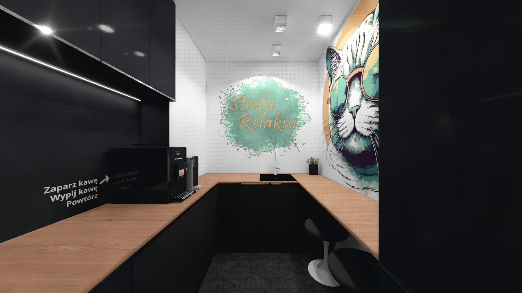 Projekt kuchni w biurze. Wykonano dla Maxmedia