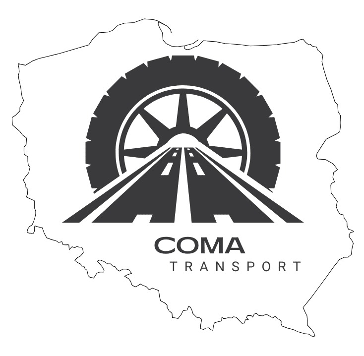 Logo firmy transportowej COMA Transport, przedstawiające kontur Polski z oponą i drogą wewnątrz.