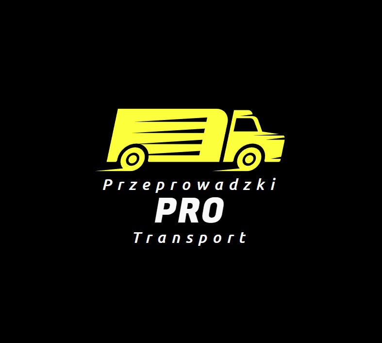 Żółty, stylizowany wizerunek ciężarówki na czarnym tle, z napisem 'Przeprowadzki PRO Transport'.
