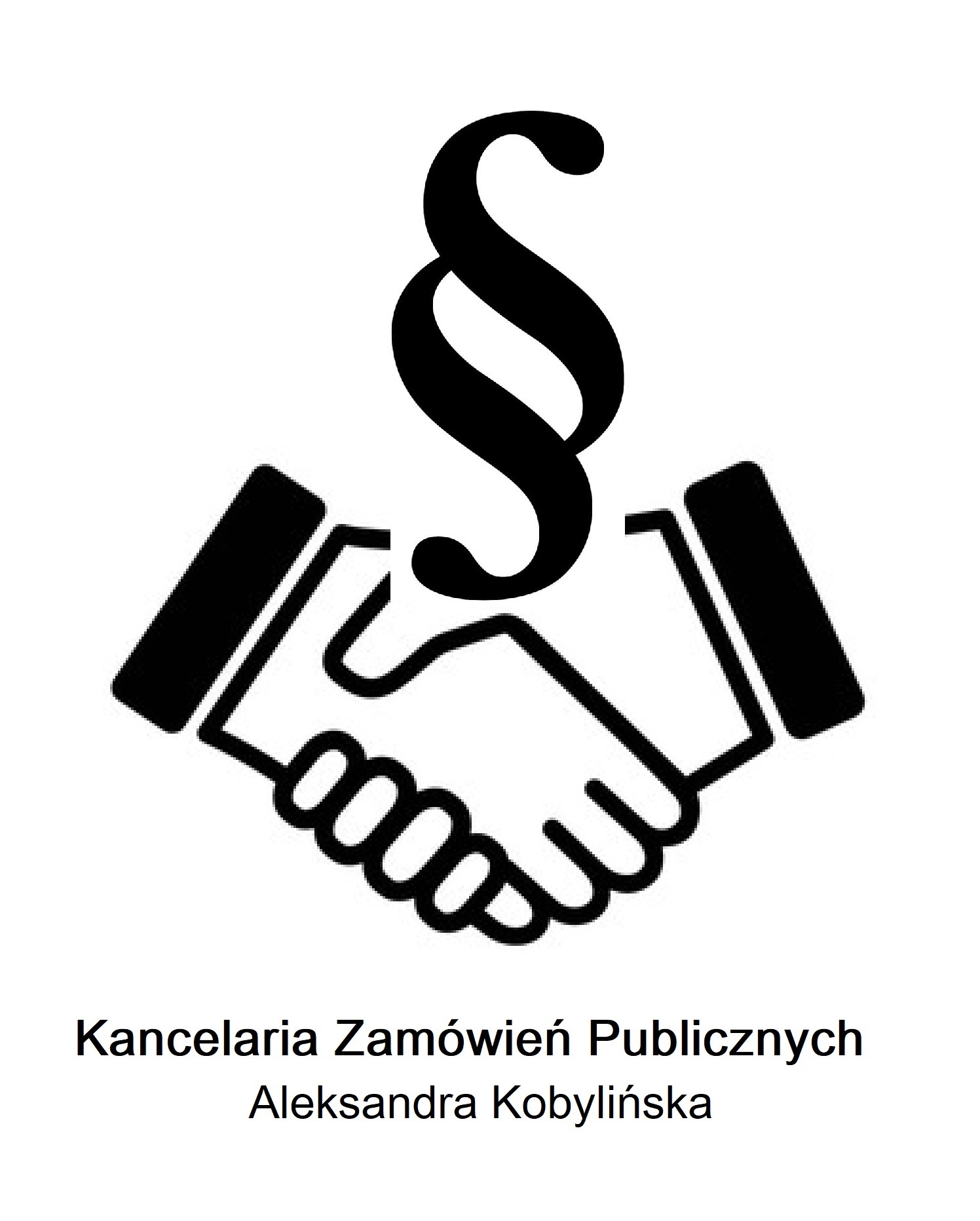 Czarno-białe logo kancelarii prawnej: uścisk dłoni z symbolem paragrafu, nazwa 'Kancelaria Zamówień Publicznych Aleksandra Kobylińska' poniżej.