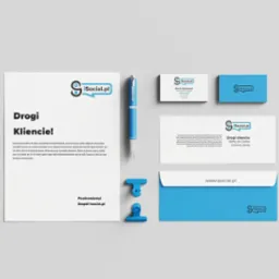 Zestaw materiałów brandingowych i marketingowych firmy iSocial.pl: list powitalny, wizytówki, ulotka i koperta w kolorystyce firmowej z logo, długopis obok listu.